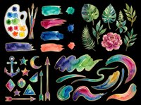 Watercolor paint strokes, botanical leaves, flowers, and decorative elements isolated on transparent background. Ready for t-shirt design, clipart, stickers, sublimation, and print-on-demand projects.