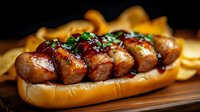 Grilled sausages in soft bun topped with fresh herbs and sauce, served on wooden cutting board against dark background. Close up food photography.