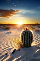 Barrel cactus silhouetted against dramatic desert sunset with golden light illuminating sand dunes, spines glowing in backlight creating ethereal atmosphere in wilderness.