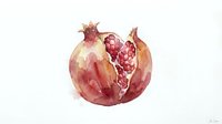 Watercolor pomegranate fruit with seeds exposed showing ruby red arils and natural textures isolated on white background for healthy food designs.
