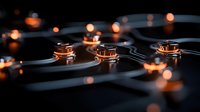 Glowing orange light reflects off metallic hexagonal pattern creating futuristic technological abstract background with dramatic shadows and bokeh effect.