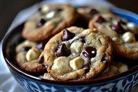 Fresh baked cookies with dark chocolate chips and white chocolate chunks arranged in blue ceramic bowl, close-up view showing gooey melted chocolate and golden texture.