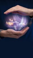 Hands cradling glowing purple energy sphere with candles, roses, and ethereal light for spiritual wellness, meditation, and healing concepts.