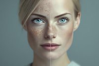 Young blonde woman face showing before after skin treatment comparison with freckles removal and complexion improvement for skincare advertising.
