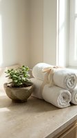 Spa wellness setup with rolled white towels and small potted plant on wooden surface creating peaceful bathroom or treatment room atmosphere.
