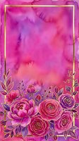 Watercolor floral background with pink and purple roses, gold frame, vibrant magenta tones, perfect for cards, invitations, and social media.