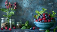 Fresh organic berries in vintage blue ceramic bowl with mint leaves and glass jars on dark moody background, perfect for food blogs and healthy eating promotions.