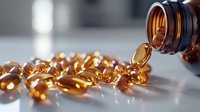 Golden vitamin capsules spilling from amber glass bottle on clean white surface for health and wellness supplement marketing.