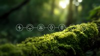 Minimalist ecology icons on mossy log in misty forest with sunlight filtering through trees, representing sustainable environmental concepts.