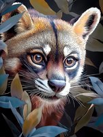 Close-up portrait of curious raccoon face with bright eyes peering through colorful foliage, dramatic lighting highlights facial features and fur texture against dark background.