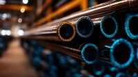 Industrial metal pipes stacked in rows with dramatic lighting creating blue reflections and bokeh effect in background, showing manufacturing and construction materials.
