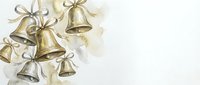 Golden Christmas bells with cream ribbons on watercolor background for holiday greeting cards and festive decorations.