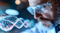 Middle-aged Caucasian male scientist with beard and protective eyewear examining glowing DNA molecule structure in modern research laboratory environment.