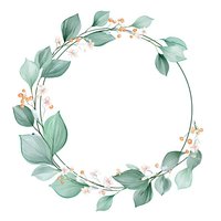 Delicate watercolor wreath with mint green leaves and small peach blossoms on circular frame, isolated on white background for wedding stationery and design.
