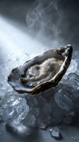 Fresh raw oyster on crushed ice with dramatic smoke and moody lighting, showcasing premium seafood for restaurant menus and culinary content.