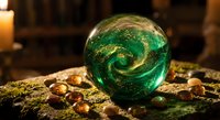 Green crystal ball with golden swirls surrounded by amber gemstones and moss on wooden surface with warm candlelight creating mystical atmosphere.