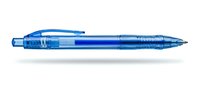 Transparent blue ballpoint pen with clip and grip, isolated on white background, ready for design use on merchandise and promotional materials.