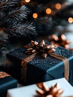 Elegant black gift box with copper metallic bow and glitter under Christmas tree branches, soft bokeh lights creating magical holiday atmosphere.