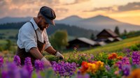 Young male farmer in white shirt and cap tending to colorful flower garden at sunset with mountain landscape and rural farm buildings in background.