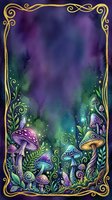 Enchanted forest scene with glowing mushrooms and magical plants framed by ornate gold border, featuring purple and teal watercolor background. Perfect for fantasy book covers, posters, and mystical designs.