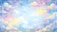 Soft watercolor sky background with pastel clouds, golden stars, and a delicate gold frame border for cards, invitations, and nursery decor.