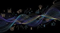 Digital marketing concept with flowing data waves and business icons on dark background for presentations and web design.