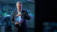 Senior Caucasian businessman in suit holding glowing holographic data cylinder in futuristic digital office with financial charts and technology interface.
