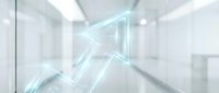 Glowing upward arrow symbol floating in modern office corridor, representing growth, success, and financial progress in business environments.