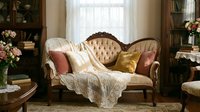 Vintage wooden sofa with tufted upholstery and decorative pillows in elegant living room with bookshelves, flowers and natural light for interior design projects.