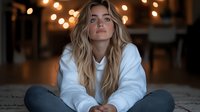 Young Caucasian woman in white hoodie sitting cross-legged on floor with blurred bokeh lights in background creating cozy atmospheric evening portrait.
