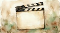 Vintage film clapperboard with blank slate on aged watercolor background, suitable for cinema, movie production, filmmaking projects, and entertainment industry designs.