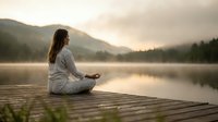 Young woman meditating in lotus pose on wooden dock at peaceful mountain lake during golden hour sunrise, practicing mindfulness and yoga outdoors.