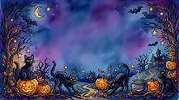 Spooky night scene with black cats, jack-o-lanterns, haunted castle, bare trees, crescent moon, and stars on purple-blue gradient background. Halloween celebration artwork.