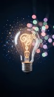 Glowing light bulb with brain and gears inside filament surrounded by colorful bokeh lights and sparkles on dark background representing innovation and creativity.