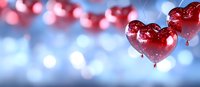 Red heart shaped water drops on glass surface with soft blue bokeh background creates romantic atmosphere for Valentine's Day designs and love concepts.