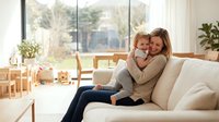 Happy mother and young daughter embracing on sofa in bright modern living room with large windows and natural light creating warm family moment.