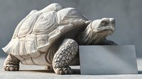 Large tortoise sculpture with detailed shell patterns positioned next to blank white card on gray surface for educational displays and presentations.