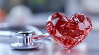 Red crystal heart shape and medical stethoscope on light background, healthcare concept for cardiology, heart disease prevention and medical examination.