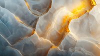 Luminous white and blue agate crystal macro with glowing golden veins and translucent layers creating abstract natural patterns in mineral structure.