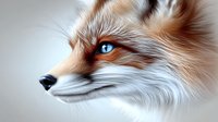 Red fox portrait with piercing blue eyes and detailed fur texture in soft artistic style against light background, side view profile showing wild nature.