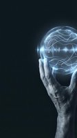 Human hand holding glowing digital brain with neural networks and data waves on dark background for AI technology and machine learning concepts.