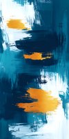 Abstract brushstrokes in deep turquoise blue and golden orange create dynamic contrast on canvas, expressing movement and emotion through bold gestural marks.