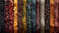 Colorful rows of aromatic spices and herbs arranged in stripes creating rainbow pattern. Ground and whole seasonings with vibrant textures and natural colors.