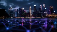 Futuristic network visualization with glowing purple connections over water against illuminated modern city skyline at night with dramatic cloudy sky.