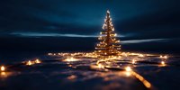 Glowing abstract Christmas tree made of golden lights against dark blue night sky, surrounded by scattered luminous decorations creating magical holiday atmosphere.