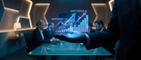 Business professionals shaking hands over holographic financial charts and growth graphs in modern corporate meeting room with futuristic technology display.