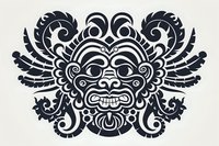 Tribal mask ornament with curled decorative elements and fierce expression in black silhouette style on light background, suitable for tattoo or fabric print design.