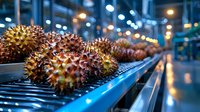 Fresh durian fruits on industrial conveyor belt with bokeh lights in modern processing facility, quality control in food production line at night.