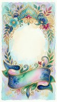 Watercolor floral frame with gold ornaments and ribbon banner, pastel teal, blue and pink tones, copy space for text or greeting cards.
