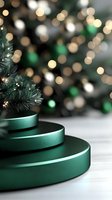Green metallic round podium with pine branches against blurred Christmas lights background creating festive holiday atmosphere for product display.